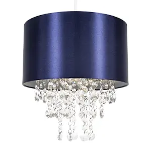 Modern Navy Satin Fabric Pendant Light Shade with Transparent Acrylic Droplets