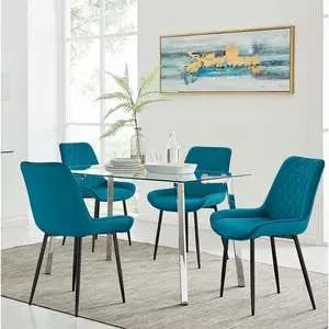 Cosmic Luxury Glass and Chrome Dining Table Set with 4 Luxury Velvet Dining Chairs Blue/Black