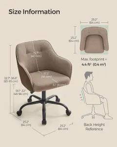 SONGMICS Swivel Office Chair, Desk Seating, Chic Makeup Vanity Style, Adjustable Height, Armrest Support, Walnut Brown