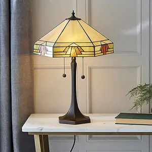 Luminosa Nevada 2 Light Medium Table Lamp Dark Bronze, Tiffany Glass, E27