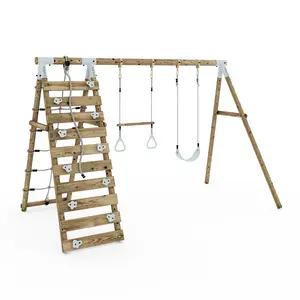 Limited Edition Rebo Wooden Double Swing Set with Up and Over Climbing Wall - Savannah - Pastel Green