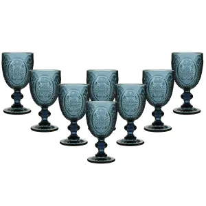 Set of 8 Vintage Luxury Blue Embossed Drinking Wine Glass Wine Goblets 310ml