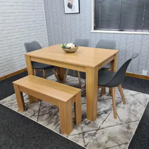 Dining Table and 4 Chairs With Bench Oak Effect Wood 4 Grey Plastic Leather Chairs Dining Room