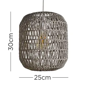 ValueLights Cabral Modern Grey Woven Rope Ceiling Pendant Drum Light Shade - Includes 4w LED Filament Bulb 2700K Warm White