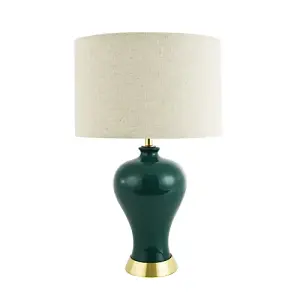 Traditional Ceramic Table Lamp Base in Glossy Forest Green with Satin Brass Trim