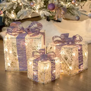 3 Piece LED Ligth Up Xmas Gift Box with Pink Bow Set