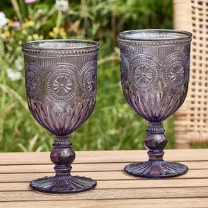 Set of 4 Vintage Luxury Embossed Purple & Turquoise Embossed Drinking Wine Glass Wine Goblets 290ml