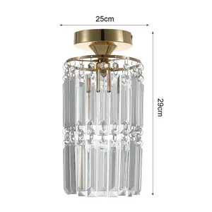 Modern Chandelier Cylindrical Droplet Crystal Shade Gold Base Mount Ceiling Light Fixture