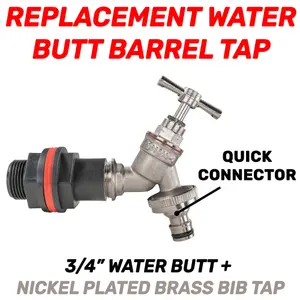 Adaptor+tap for water butts and rain barrels,requires a 26mm hole,universal hose connection