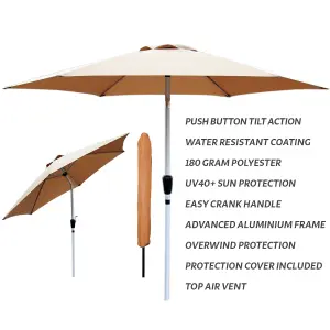 GlamHaus Tilting Garden Parasol Table Umbrella 2.7M with Crank Handle, UV40 Protection, Includes Protection Cover - Sand