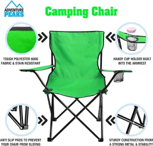 Set of 2 GREEN Folding Camping Chair With Armrest, Drink Holder & Carry Bag