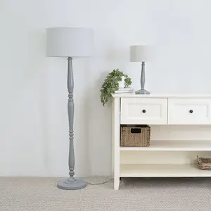 ValueLights Victoria Traditional Grey Wood Candlestick Floor Lamp with Grey Drum Shade