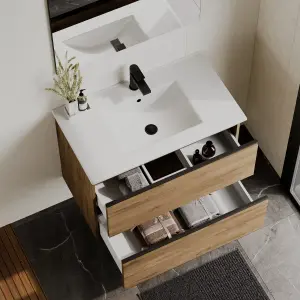 Banyetti Akiro 800mm Wall Hung Basin Unit with Matt Black Handles - Walnut