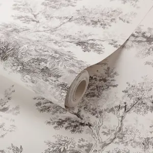 Grandeco French Vintage Toile Trees  Smooth Wallpaper, Grey