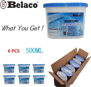 Belaco Disposable Dehumidifier Pack of 6x 500ml Prevent Mould & Mildew, Eliminating Musty Odor, Remove Dampness, Absorber