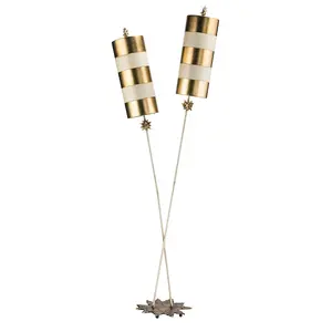 2 Bulb Twin Floor Lamp Star Shaped Base Gold Taupe Striped Shades LED E27 60W