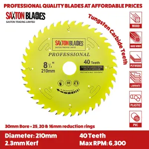 Saxton TCT21040TPRO Professional Range TCT Circular Blade 210mm x 40 Teeth x 30mm Bore + 16, 20, 25 & 25.4mm Rings