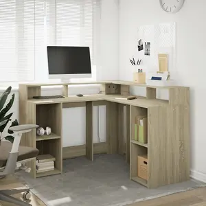 Berkfield Desk with LED Lights Sonoma Oak 130x130x91 cm Engineered Wood