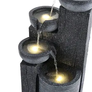 Outdoor Solar Powered 4-Tier Water Fountain Rockery Decor with Warm Light