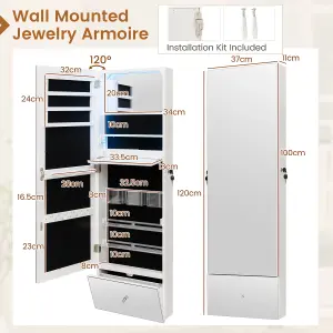 Costway 120cm LED Jewelry Mirror Cabinet Wall Mounted Jewelry Armoire w/ Frameless Mirror