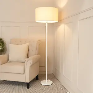 ValueLights Charles White Metal Single Stem Floor Lamp with Natural Drum Lamp Shade