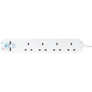 Masterplug Surge White 13A 4 socket Extension lead with USB, 1m