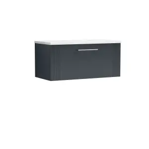 Retro 1 Drawer Wall Hung Vanity Unit with Sparkling White Laminate Worktop - 800mm - Satin Soft Black - Balterley