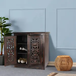 Natural Hand Made Indian Mango Wood Shoe Cupboard Storage Unit Cabinet Dark Brown 59 x 36.5 x 61 cm