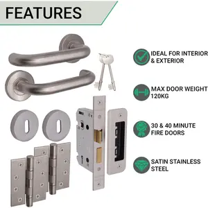 AFIT Satin Stainless Steel Return To Door Lever on Rose Handle Sashlock Kit - 102mm Hinges 80mm Lock