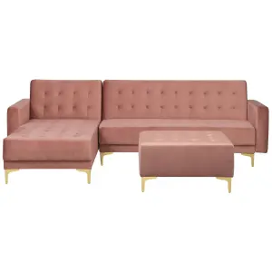 Corner Sofa with Ottoman ABERDEEN Pink Velvet Right Hand