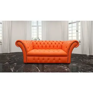 Chesterfield 2 Seater Buttoned Seat Mandarin Orange Leather Sofa Settee In Balmoral Style