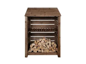 Slatted wooden log store with kindling shelf W-119cm, H-180cm, D-88cm - brown finish