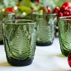 Set of 4 Vintage Luxury Green Leaf Embossed Drinking Glass Tumblers 260ml