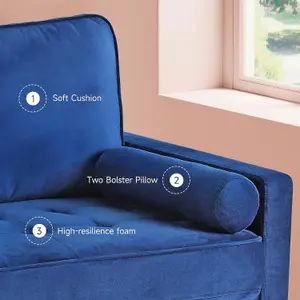 148CM Velvet Love Seat Blue Couch with 2 Pillows