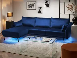 Corner Sofa with LED VARDE Navy Blue Velvet Right Hand