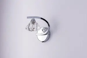 Single Left Curved Wall Light and Sconce, Clear Glass Shade, Polished Chrome Finish