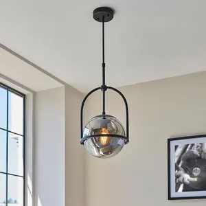 Luminosa Trieste Globe Pendant Ceiling Light Matt Black, Smoked Mirror Glass