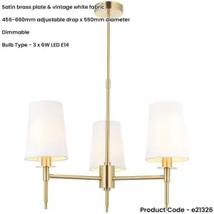 Multi Arm Hanging Ceiling Pendant Light - Satin Brass Plate & Vintage White Fabric Shade - 3 x 6W LED E14