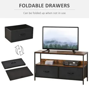 HOMCOM TV Cabinet, TV Console Unit with 2 Foldable Linen Drawers Rustic Brown