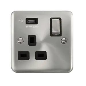 Curved Satin / Brushed Chrome 1 Gang 13A DP Ingot 1 USB Switched Plug Socket - Black Trim - SE Home