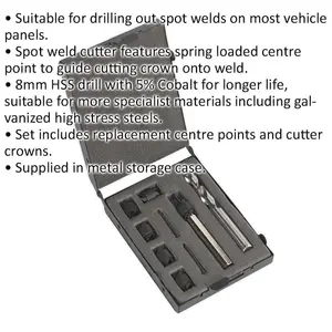 9 Piece Spot Weld Cutter and HSS Cobalt Drill Bit Set with Spring Loaded Centre