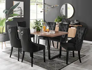 Furniturebox Kylo Brown Rectangular Wood Effect Dining Table & 6 Black Velvet Belgravia Black Leg Chairs