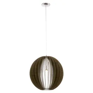 Pendant Ceiling Light Colour Satin Nickel Shade Mid Brown Wood Bulb E27 1x60W