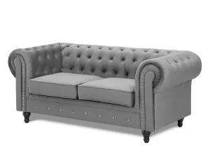 Chesterfield Pleat Velvet Fabric 2 Seater Sofa, Grey Velvet