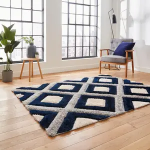 Grey Navy Shaggy Modern Geometric Machine Made Easy to Clean Rug for Living Room Bedroom and Dining Room-160cm X 220cm