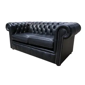 Chesterfield 2 Seater Old English Black Leather Sofa Settee Bespoke In Classic Style