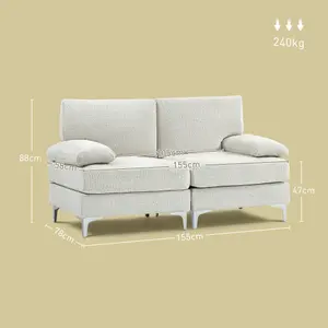 HOMCOM 2 Seater Sofa Modern Loveseat with Metal Legs Spring Cushion Cream White