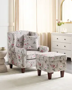 Wingback Chair HAMAR with Footstool Fabric Cream