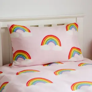 Catherine Lansfield Bedding Rainbow Hearts Cosy Fleece Reversible Duvet Cover Set with Pillowcases Pink