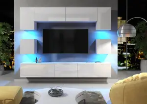 Modern Wall Unit TV Stand Living Room Cupboard - White  Gloss Doors